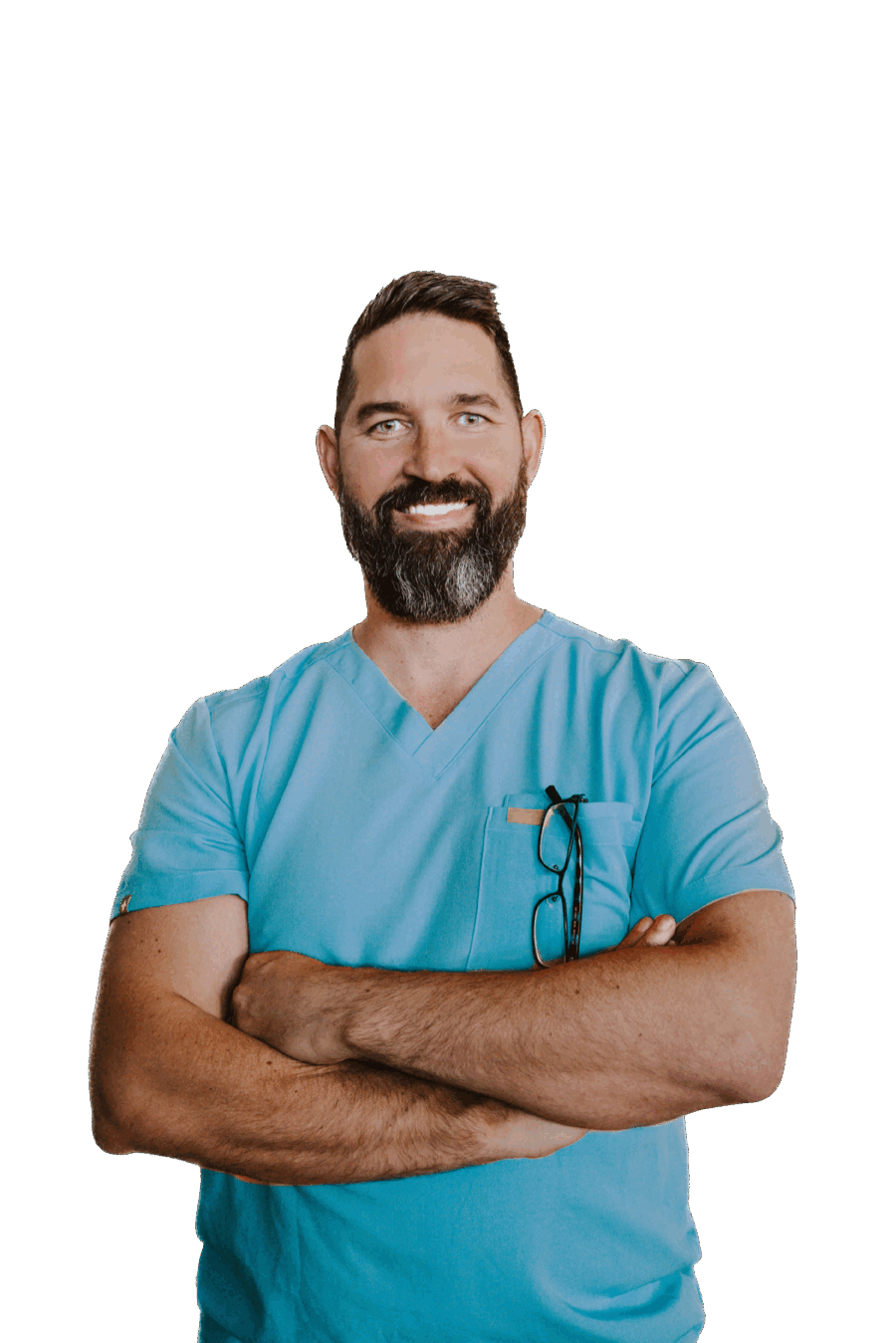Dr. Jonathan Maxham, D.O., in teal scrubs with arms crossed